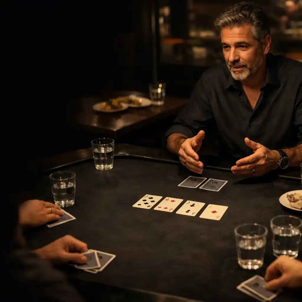 Un hôte échange avec des convives autour d’une table de cartes dans le restaurant Brii Vento.