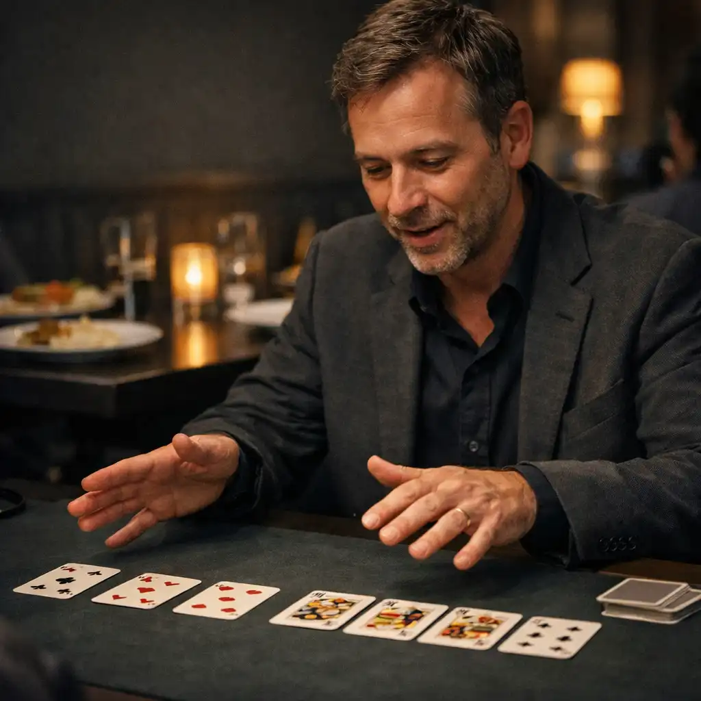 Mains d’un hôte présentant des cartes sur une table de restaurant