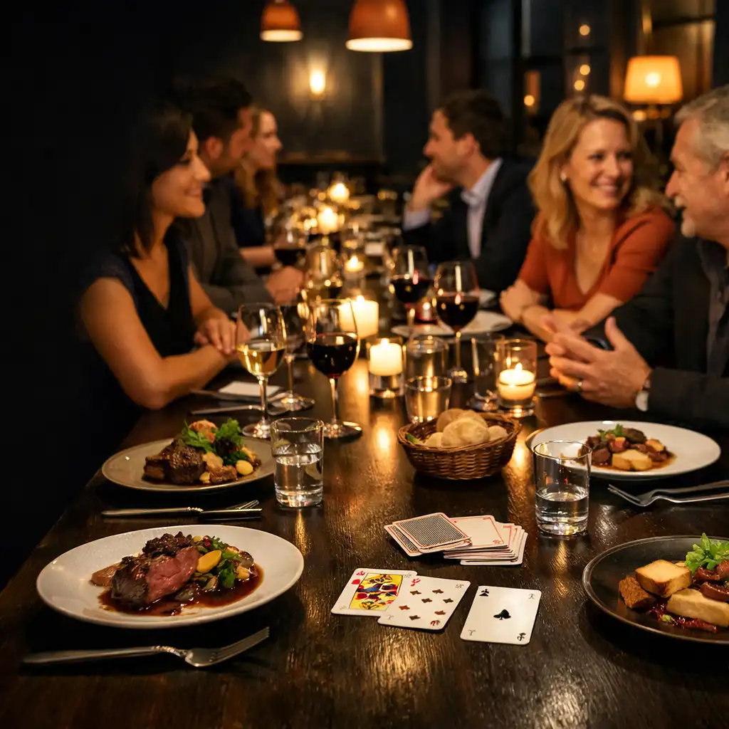 Assiette dressée, cartes et mains de convives dans le lounge de Brii Vento