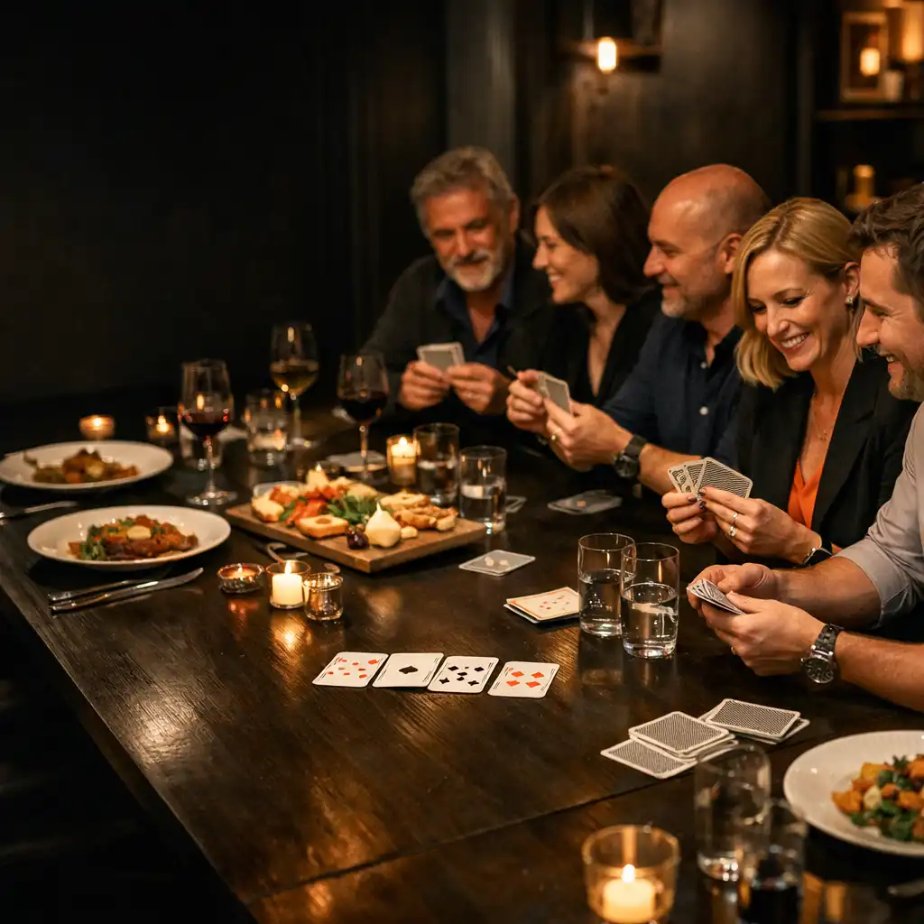 Groupe réuni autour d’une longue table de dîner avec des cartes pour une animation sociale
