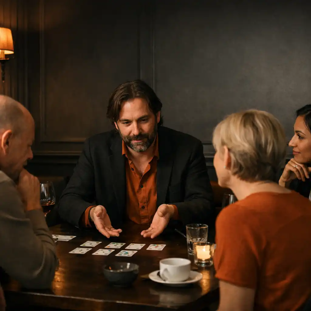 Hôte expliquant des cartes à un petit groupe autour d’une table