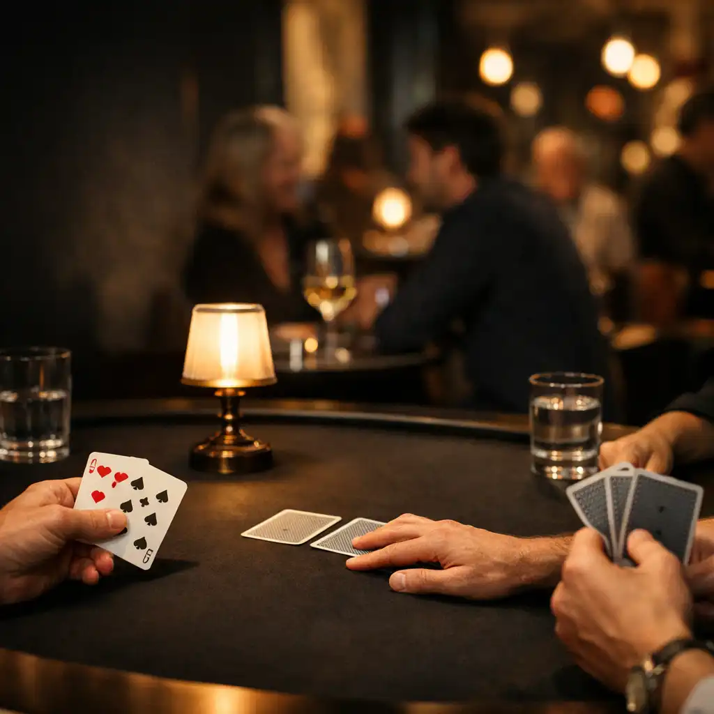 Mains de plusieurs adultes autour de cartes posées sur une table de restaurant