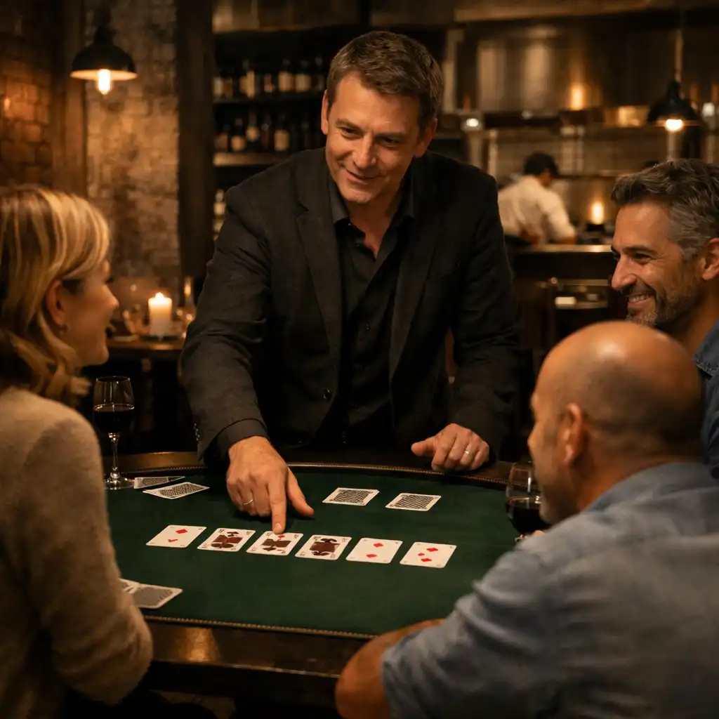 Un hôte explique le déroulement d'une animation poker à un groupe au restaurant