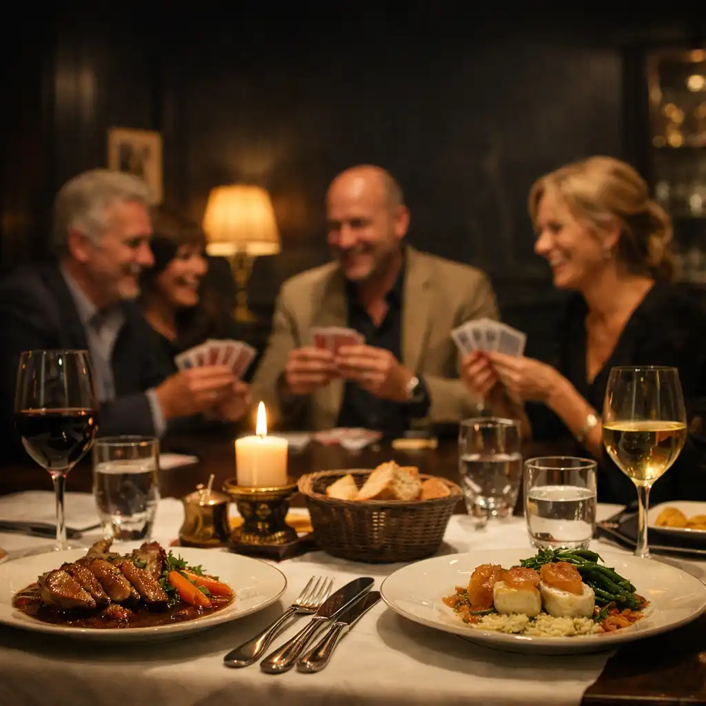 Table dressée et groupe échangeant autour de cartes dans un restaurant de nuit