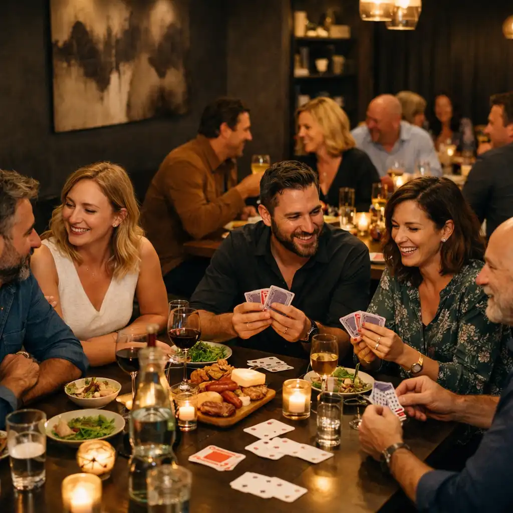Groupe d'adultes réuni autour de tables dans une salle de restaurant
