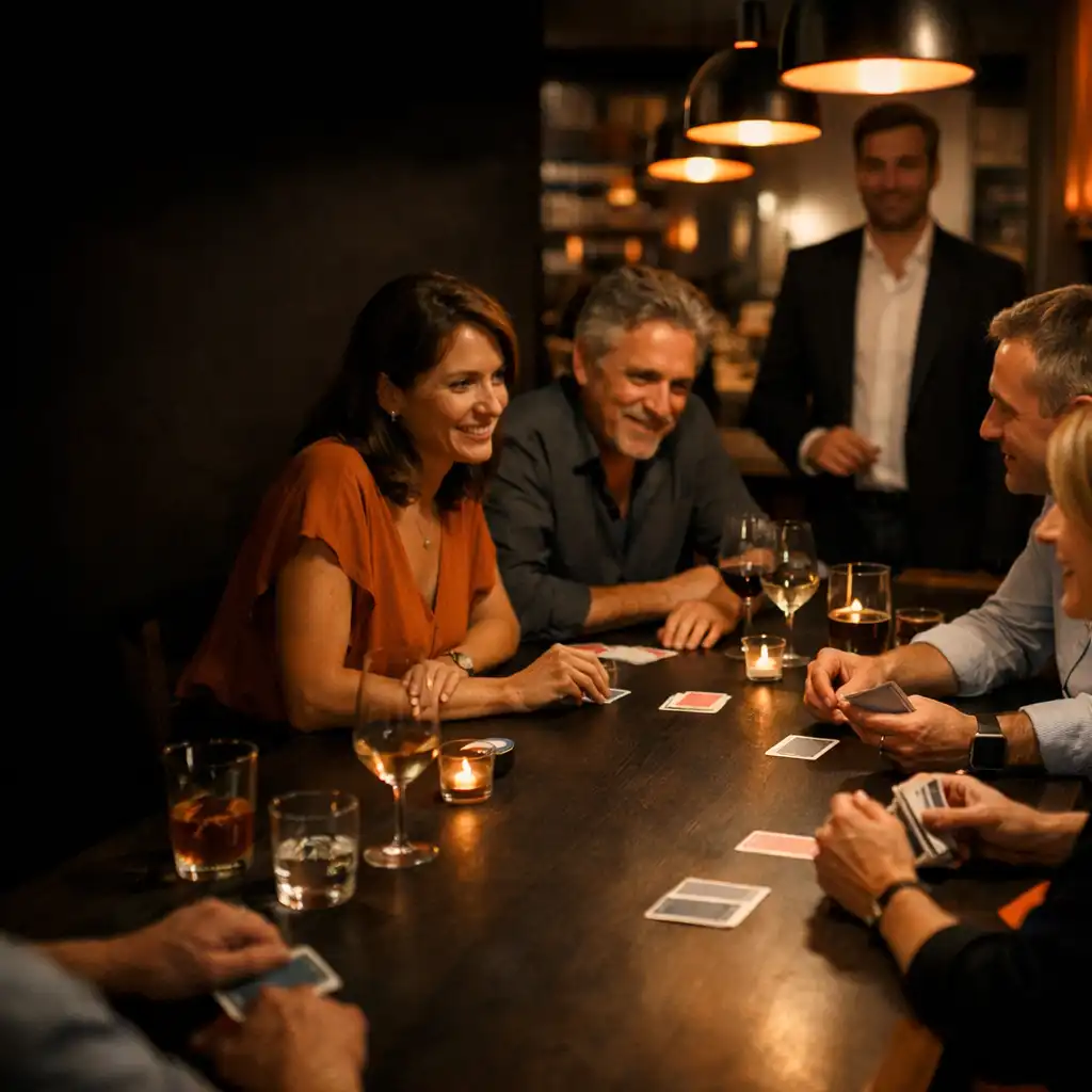 Adultes réunis autour d'une table de cartes dans le restaurant Brii Vento