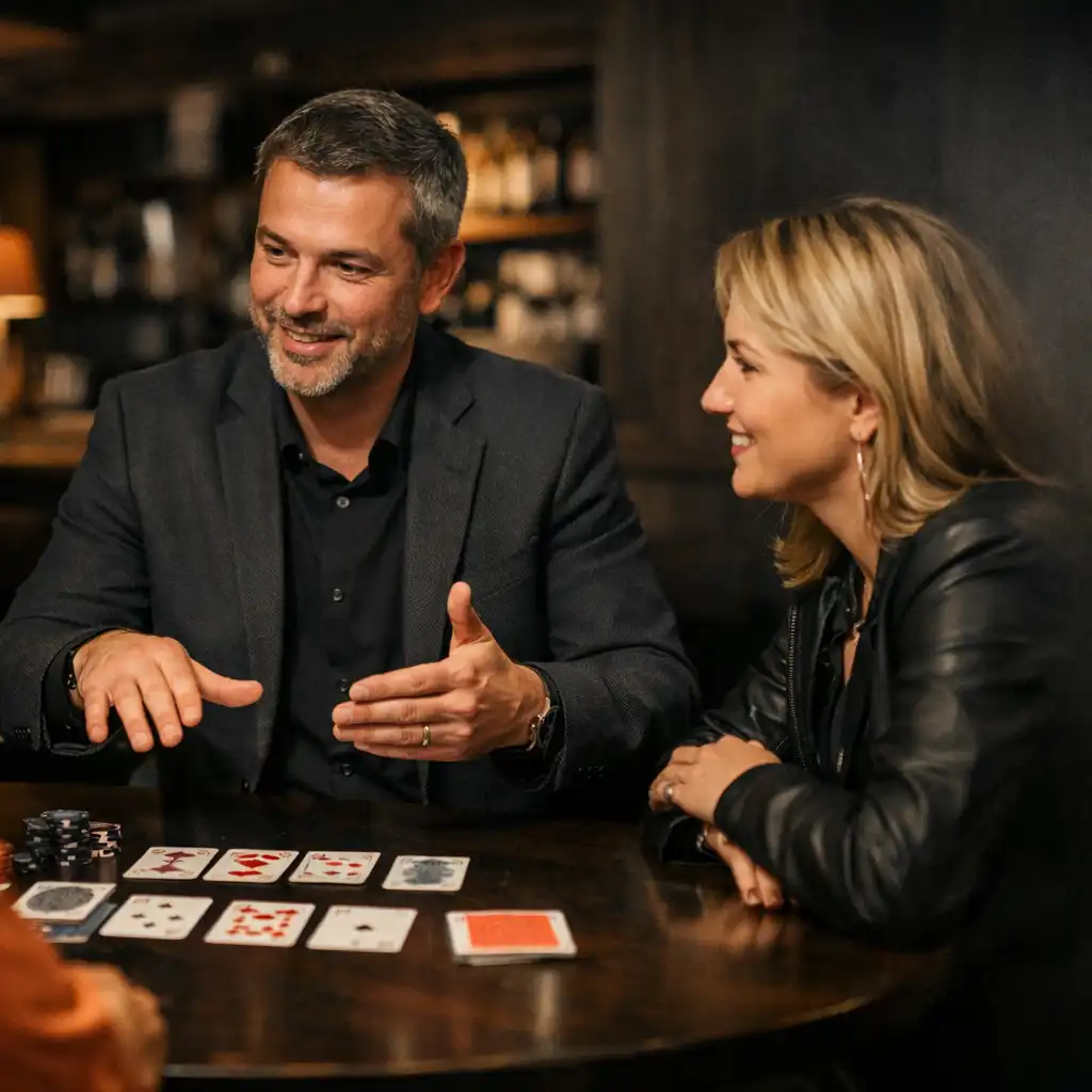 Hôte expliquant une animation poker à des convives autour d'une table