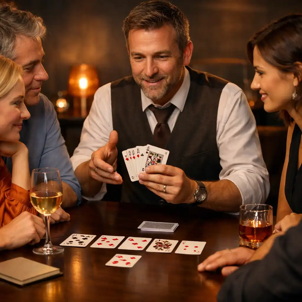 Hôte expliquant des cartes à des convives autour d'une table