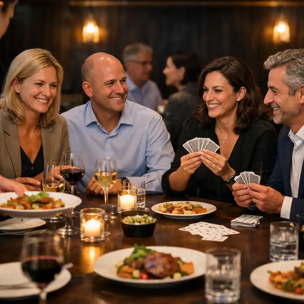 Collègues réunis dans le lounge d’un restaurant autour d’un dîner et de conversations