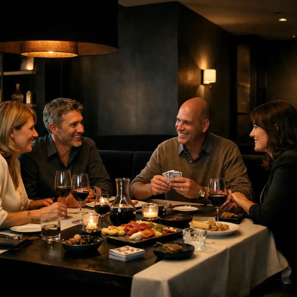 Salon de restaurant avec table dressée et groupe en discussion