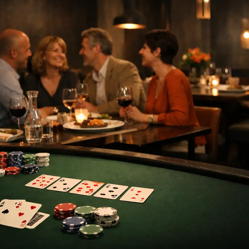Convives réunis autour d'une table de cartes et d'assiettes dans le restaurant Brii Vento