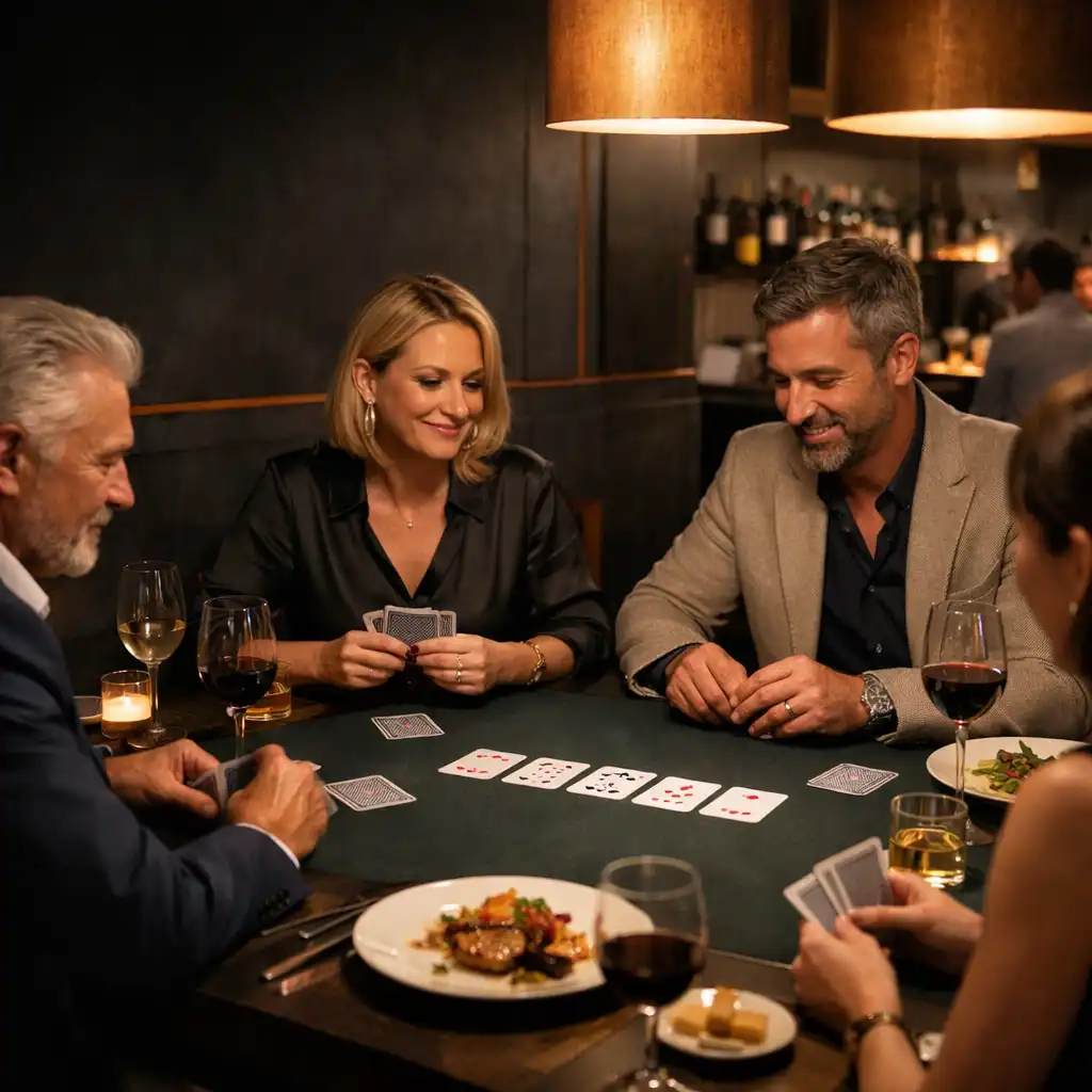 Convives réunis autour de cartes, de plats et de verres lors d’une soirée Brii Vento